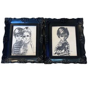 Set of 2 Framed Prints - Little Boy and Girl & Little Boy with Puppy Signed